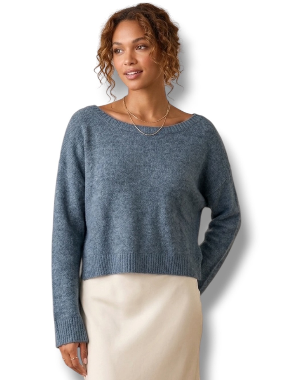 LULUS Slouchy Knit Crop Sweater Medium Blue Gray Cozy Boho Minimalist